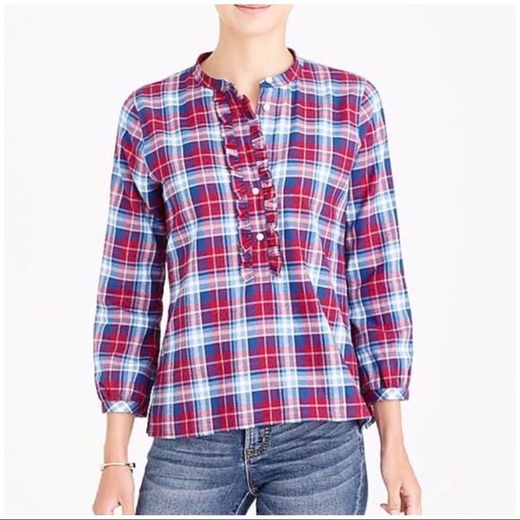 J. Crew Mercantile Flannel Plaid Popover Shirt Top Ruffle Blue Red Size XS - Picture 1 of 11